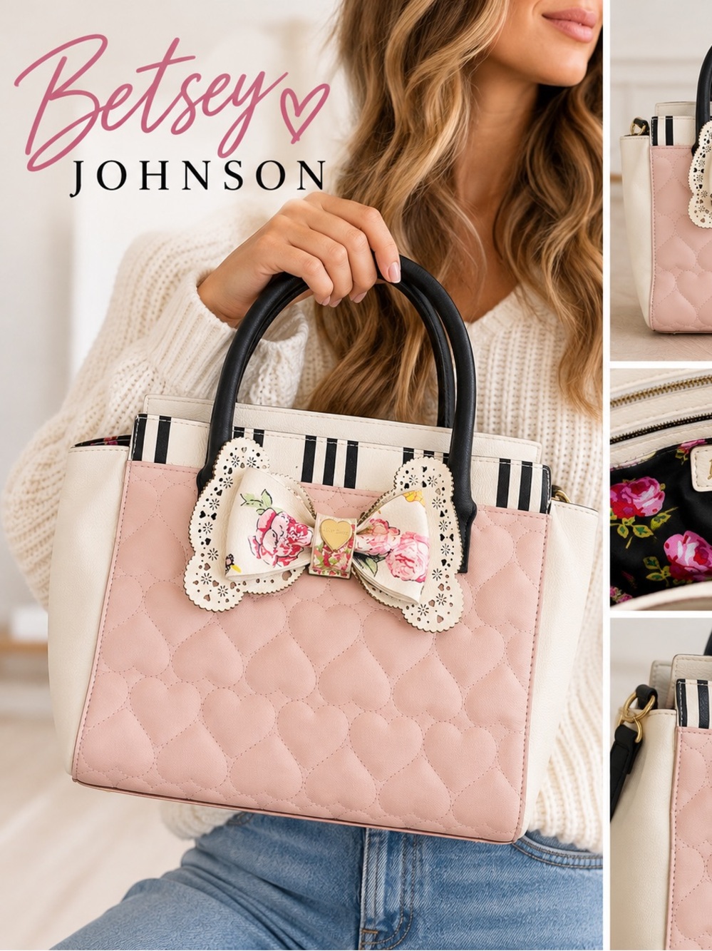 Betsey Johnson Pink Floral Bow Satchel Purse Handbag Quilted Hearts Black White